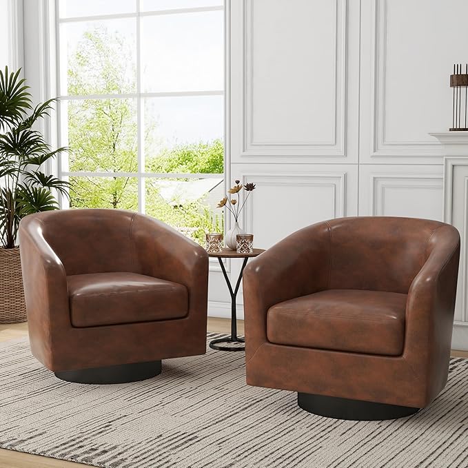 UIXE 360° Swivel Barrel Accent Chair Armchair, PU Leather Round Club Arm Chair for Lving Room, Modern Upholstered Small Bedroom Single Sofa Seat - Coffee Brown, Set of 4
