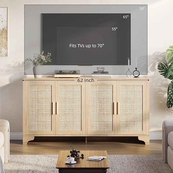 GAOMON TV Stand for TVs Up to 70'', Natural Rattan Entertainment Center with Storage Cabinets, Boho Media Console Table for Living Room, Farmhouse Cabinet