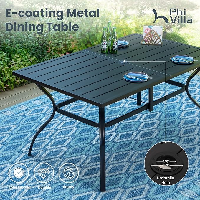 PHI VILLA 7 Piece Patio Dining Set for 6, 1 Large Metal Table and 6 Outdoor Dining Chairs with High Back and Padded Textilene, Outdoor Furniture Set for Garden, Yard