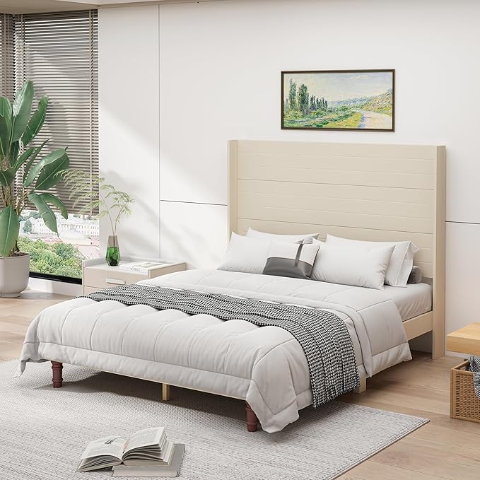 GDFStudio Tall Headboard Queen Size Bed,Platform Bed Frame with High Back,Wooden Slat Mattress Support No Box Spring Needed Easy Assembly Minimalist Designs 54" H Beige