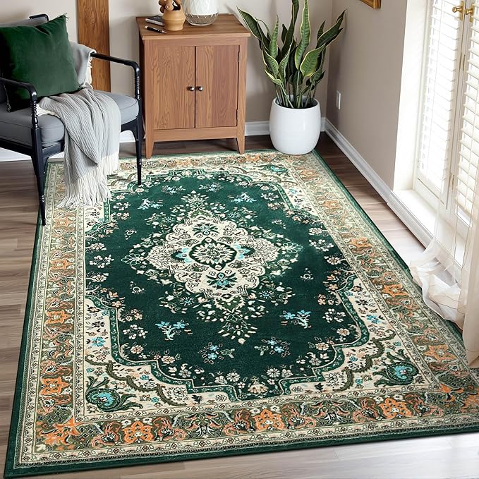 Vintage Area Rug 5x8 Rugs, Machine Washable Vintage Area Rug Non-Slip Low Pile Large Rug for Living Room, Bedroom, Farmhouse, Dining Room, Green