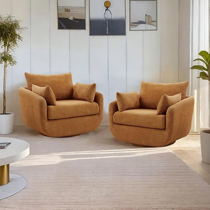 360° Swivel Accent Armchair Set of 2, 39.3" Oversized, Sherpa Boucle Fabric Sofa Chair with Removable Back & Arm Pillows, Swivel Chairs with Cozy Soft Padded, No Assembly Required, Curry