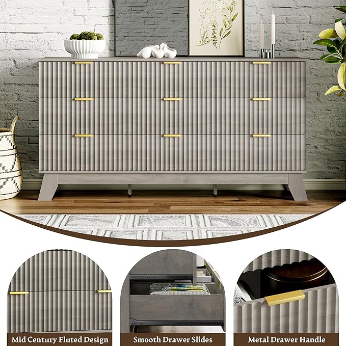 Fluted Dresser for Bedroom with 9 Drawers, 57" Mid Century Modern Dresser of Closet TV Stand, Nature Wood Dressers with Gold Handle, Boho Closet Wide Modern Chest of Drawers, Grey