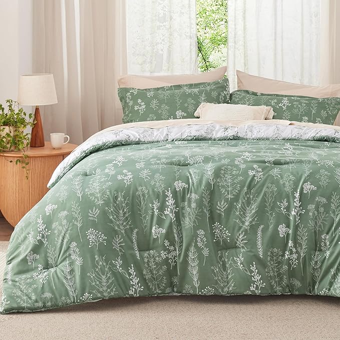 Bedsure Queen Comforter Set - Green Bed Set, 3 Pieces Cute Floral Bedding, 1 Soft Reversible Botanical Flowers Comforter and 2 Pillow Shams