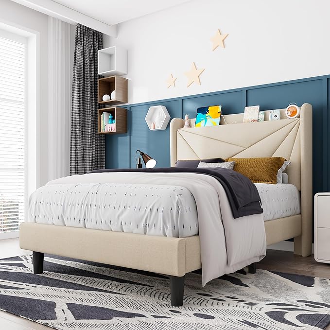 Feonase Twin Size Bed Frame with Charging Station, Upholstered Linen Platform Bed Frame with Wingback Headboard, Solid Wood Slats Support, No Box Spring Needed, Noise Free, Beige