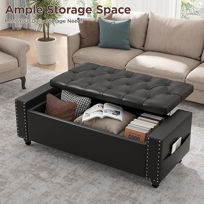 Maupvit Storage Ottoman Bench, 49 Inch Bedroom Bench, Upholstered Ottoman with Storage, Entryway Bench with Tufted Button, Faux Leather Window Bench for Bedroom, Living Room, Entryway, Hallway, Black