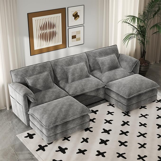 Real Relax 111'' Modular Sectional Sofa, U Shaped Chenille Convertible Couch with Movable Ottoman, 6 Pillows and 2 Armrest Pillows for Living Room, Office and Leisure Places, Dark Gray