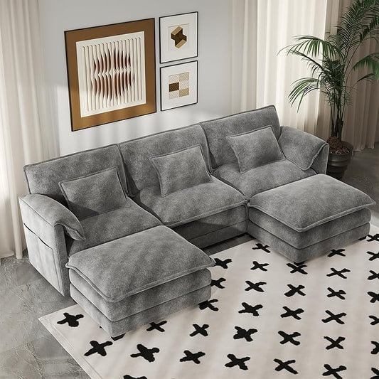 Real Relax 111'' Modular Sectional Sofa, U Shaped Chenille Convertible Couch with Movable Ottoman, 6 Pillows and 2 Armrest Pillows for Living Room, Office and Leisure Places, Dark Gray