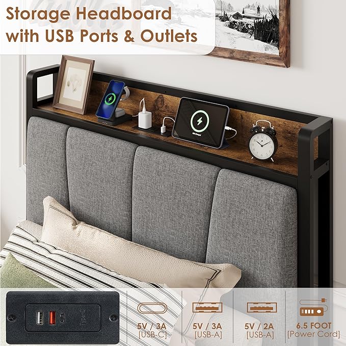 Twin Size Bed Frame with 2 Storage Drawers and Charging Station, Rustic Linen Upholstered Platform Bedframe with Storage Headboard, Heavy Duty, No Box Spring Needed, Easy Assembly, Noise Free,Grey