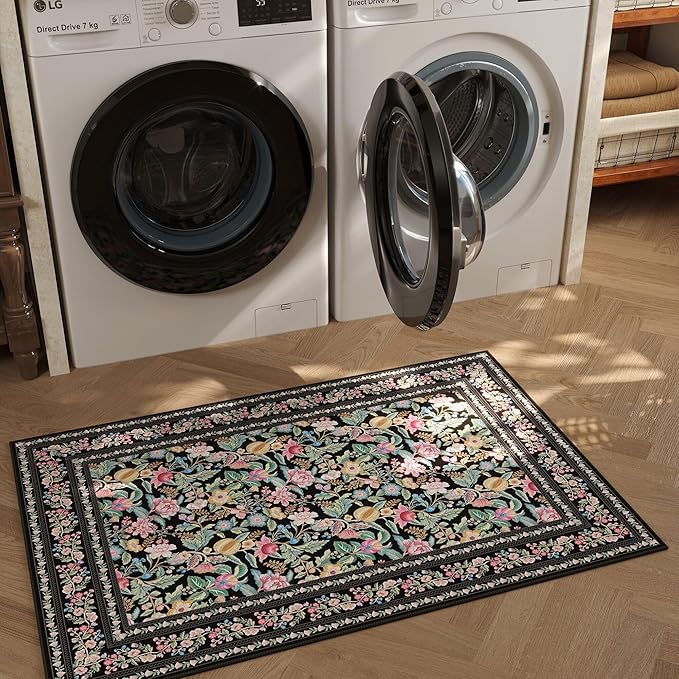 Door Mat Indoor Entrance 2x3 Rug Machine Washable Vintage Floral Small Area Rug Non-Slip Low Pile Throw Rugs for Entryway, Kitchen, Front Door Indoor Entrance, Entry, Kids Room, Black