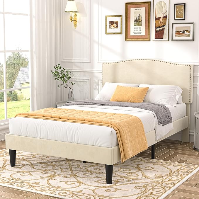 VECELO Twin Bed Frame Platform Bed Frame with Upholstered Headboard, Strong Frame and Wooden Slats Support, Strong Weight Capacity, Non-Slip and Noise-Free, Easy Assembly,Beige