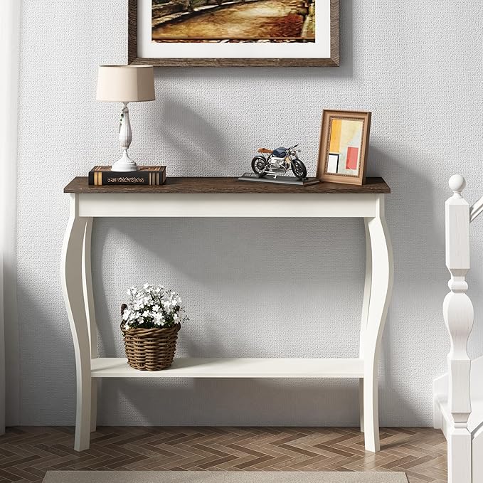ChooChoo Narrow Farmhouse Console Table, Chic Accent Sofa Table, Entryway Table, Soft White