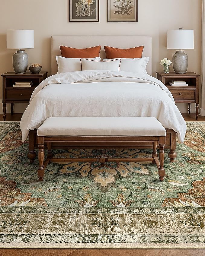 Area Rugs 10'x14' Washable Non-Slip, Floral Vintage Distress Print Pattern Medallion Carpet for Living Room Bedroom Dining Room, Brick Red Rust Neutral Brown Burnt Orange Green