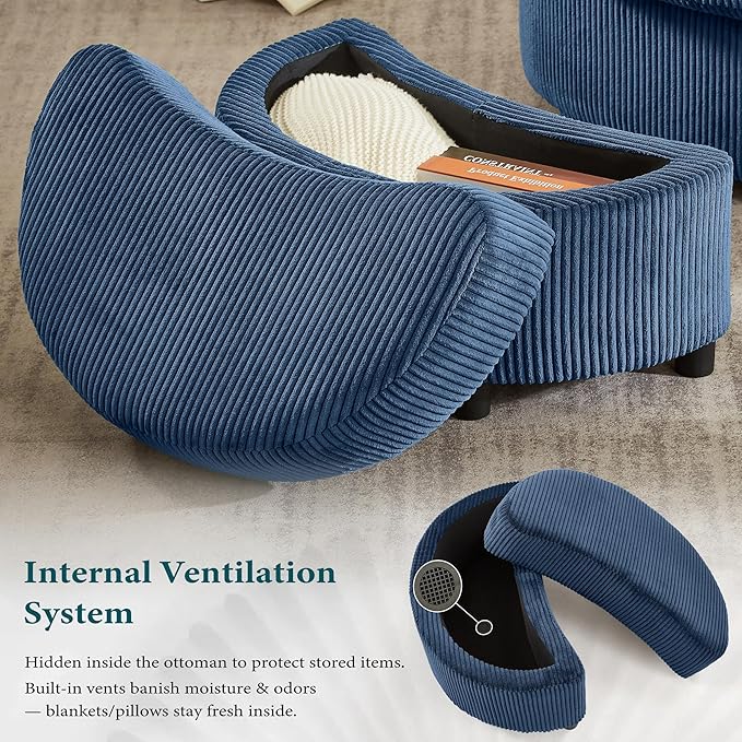 Swivel Accent Chair with Ottoman Comfy Reading Chairs for Bedroom Modern Corduroy Arm Chair 360°Swivel Barrel Chairs for Living Room,Apartment (Blue, 1)