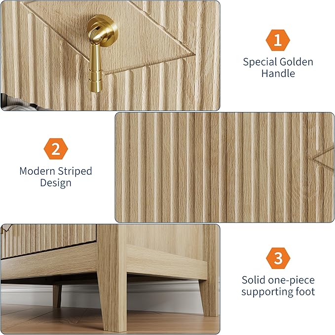 GarveeHome Wood Nightstand Fluted Dresser for Bedroom, 27.5" Wide 3-Drawer Bedside Tables, Modern Chest of Drawers, Storage End Table Living Room, Hallway, Entryway, Natural Oak