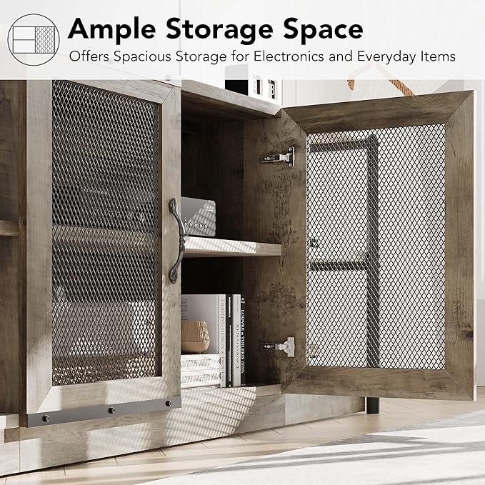 CABIHOME Farmhouse TV Stand for 75/80 inches TVs, Entertainment Center with Storage Cabinet and Mesh Doors, Industrial Media Console Cabinet Table, Living Room Media Furniture, Light Grey