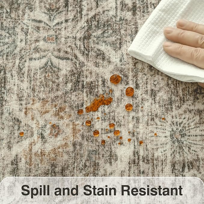 FMFUNCTEX 5x7 Washable Area Rug Neutral Vintage Taupe Non Slip Low Pile Traditional Indoor Carpet for Living Room Bedroom Soft Retro Floral Mat Throw Rug for Dining Office Kitchen Dorm Entryway