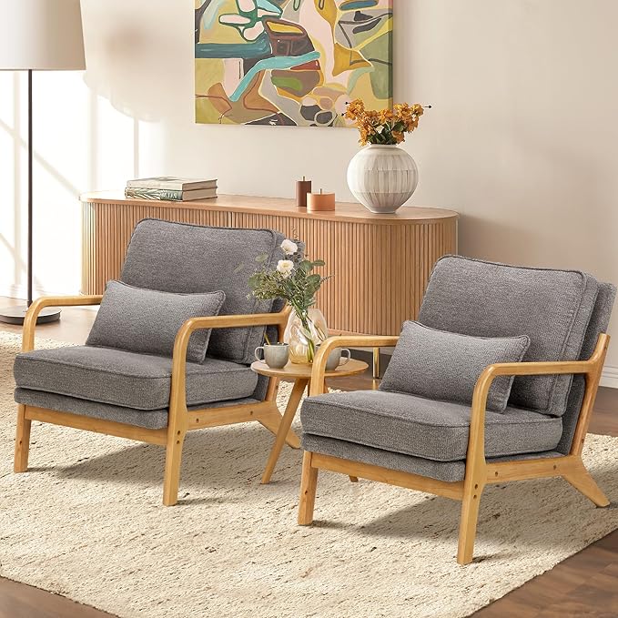 COLAMY Mid Century Modern Accent Chair Set of 2 with Lumbar Pillow, Relaxing Armchair with Solid Wood Frame & Soft Cushion, Reading Leisure Chair for Living Room,（Grey）