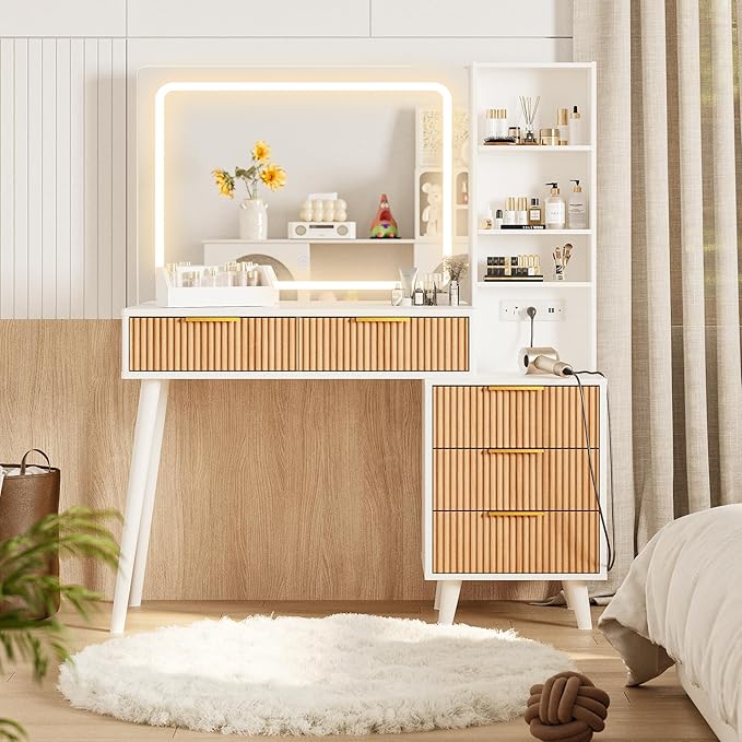 44" Vanity Desk with Mirror and Lights, Makeup Vanity Desk with Power Outlet, Makeup Desk with 5 Drawers&Storage Shelves, Vanity Table 3 Color Adjustable Brightness Dressing Table Set for Bedroom