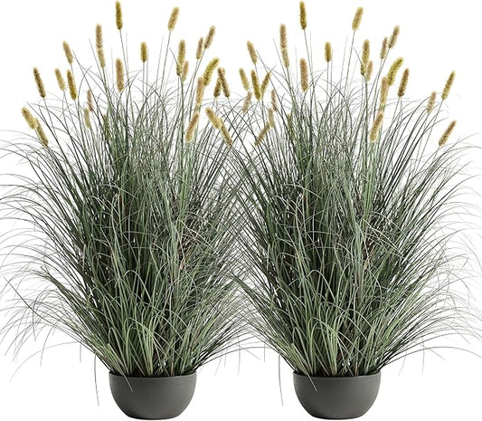 4ft Onion Grass Set of 2, Artificial Plant and Greenery, Fake Floor Plants Indoor Outdoor, Potted Faux Green Bristlegrass with Yellow Spikes, Large Size Horsetail Reed Grass, House Decorative