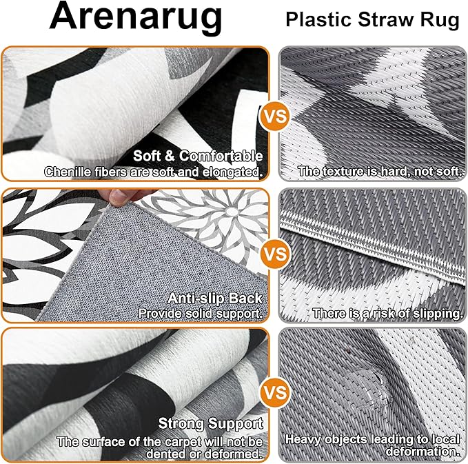 Indoor Outdoor Area Rug Washable Multicolored Rug Tropical Botanical Modern Floral Indoor Outdoor Carpet Black White Rug Non Slip Non Shedding for Patio, Deck, Backyard, Porch (8x10)