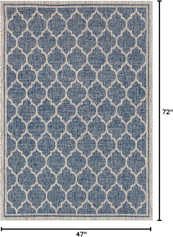 Eyely BMS109D-4 Santa Monica Trebol Moroccan Trellis Textured Weave Indoor/Outdoor Area Rug Coastal;Bohemian, Bedroom, Backyard, Patio, Easy-Cleaning, Non-Shedding, 4 X 6, Navy/Gray