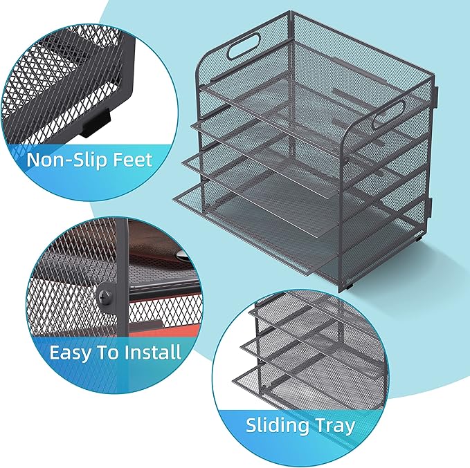 Supeasy 5 Trays Paper Organizer Letter Tray with Handle-Mesh Desk File Organizer, Grey Paper Sorter Desk Organizer for Office, Home or School