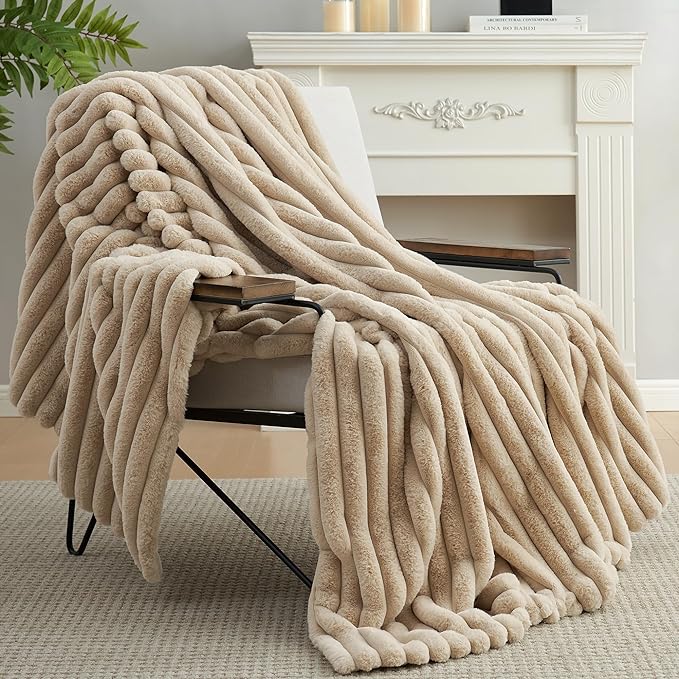 Amélie Home Faux Fur Throw Blanket for Couch, Cozy Fuzzy Fluffy Fur Luxurious Soft Striped Plush Gift Blankets for Family Sofa Chair Bed Living Room Bedroom, 60"x80", Beige
