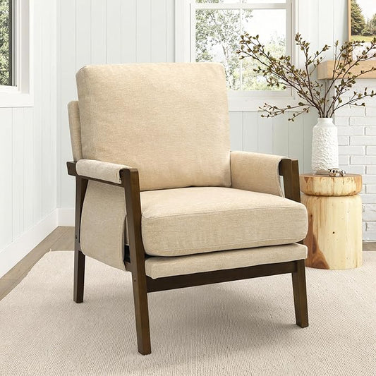 Modern Accent Chair for Living Room Mid Century Arm Chair Upholstered Bedroom Chair Comfy Lounge Chair with Solid Wood Frame, Beige