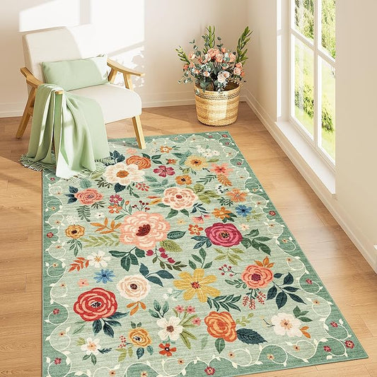 DUKINO 3x5 Area Rug, Floral Rugs for Living Room, Lightweight Non Slip Washable Rug, Indoor Low Pile & Non-Shedding Boho Design Rugs for Bedroom, Living Room, Dining Room, Green
