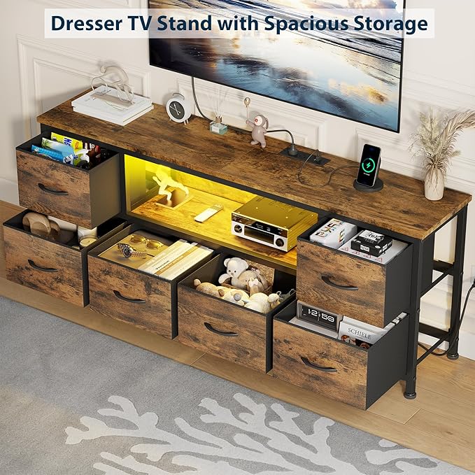 Lulive TV Stand for Living Room, LED Rustic Brown Dresser for Bedroom with 6 Fabric Drawers,43 55 60in TV Stand with Power Outlet, Entertainment Center with Open Shelf