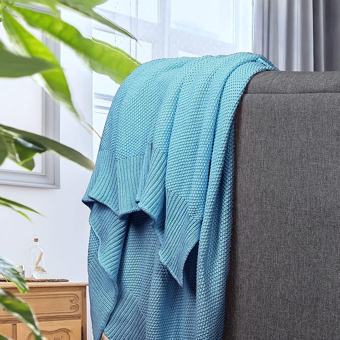 PiccoCasa 100% Cotton Knit Throw Blanket,Solid Lightweight Decorative Throws and Blankets,Soft Knitted Throw Blanket for Sofa Couch, Horizon Blue 50" x 60"