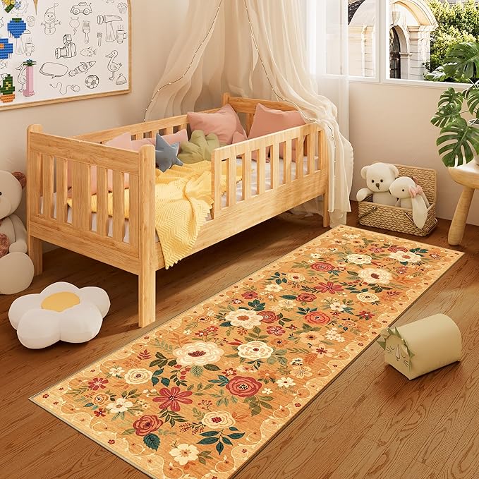 DUKINO Runner Rug, 2x10 Kitchen Hallway Carpet, Washable with Non-Slip Backing, Low Pile Soft Boho Floral for Entryway, Laundry, Bedroom, Orange