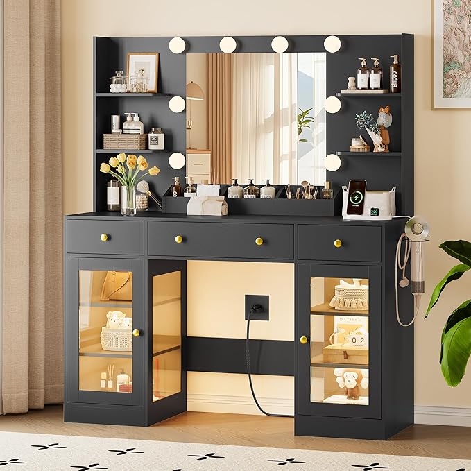 Vanity Desk with Mirror and Lights, Makeup Vanity Set with 3 Storage Drawers & Adjustable Shelves, Dressing Table with RGB Cabinets & Charging Station, 3 Lighting Modes for Women Kids Bedroom, Black