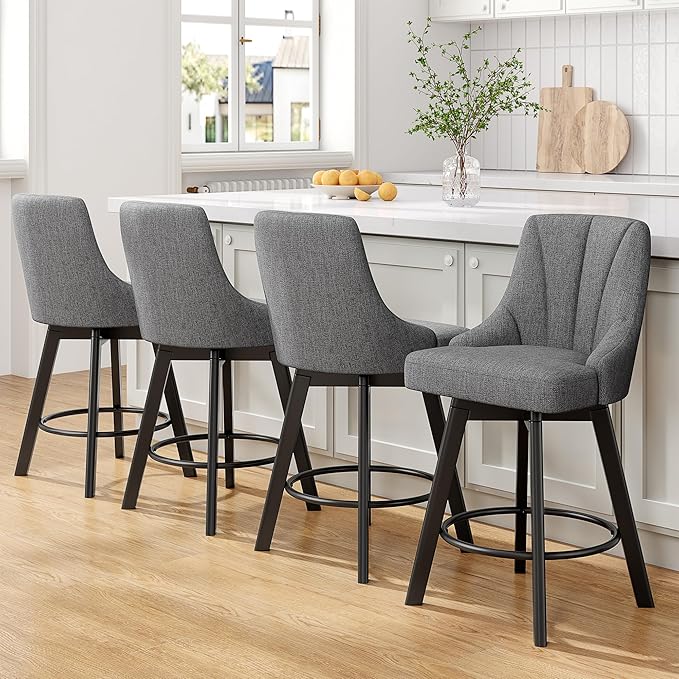 Swivel Bar Stools, 24" Counter Height Bar Stools Set of 3, Fabric Upholstered Counter Barstools with Solid Wood Legs for Kitchen Island, Home Bar, Dark Gray
