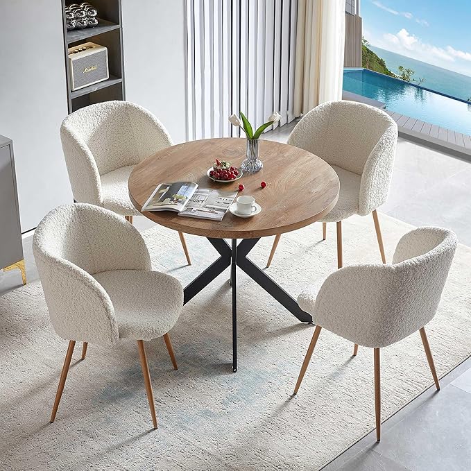 5 Pieces Dining Table Set for 4, 37-Inch Dia Round Home Kitchen Dinner Table with Thick Tabletop, 4 Seated Upholstered Arm Chairs, Faux Wood Round Table with Comfy Barrel Accent Chair