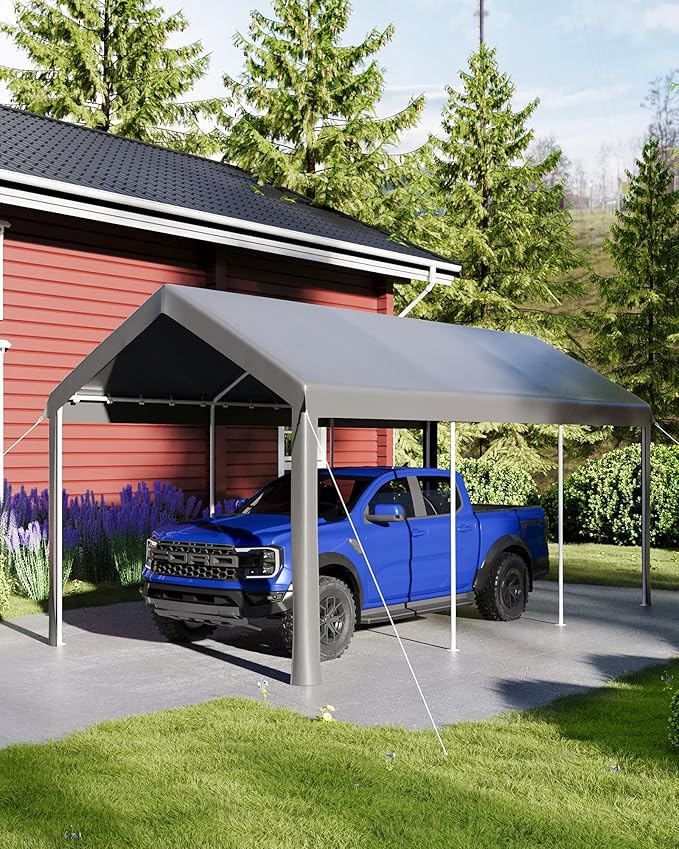 Garvee 10x20 Heavy Duty Carport, Galvanized Steel Outdoor Car Canopy with UV-Resistant & Water-Resistant PE Cover, Portable Garage for SUV, Truck, Boat, Grey