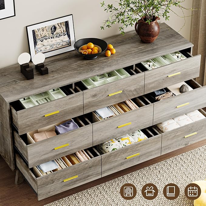 Dresser for Bedroom with 9-Drawer, 59" Wide Modern Chest of Drawers with Metal Handles, X-Shape Base & Adjustable Center Leg, Anti-Tip Closet Organizers and Storage