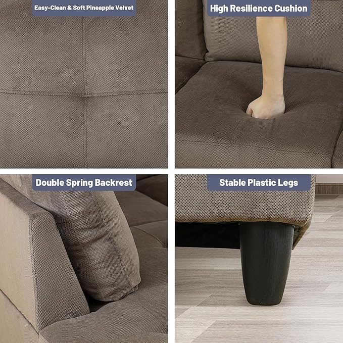 L-Shape 3-Piece Cloud Sofa, Couch for Living Room, Brown Pineapple Velvet Fabric L-Shape with Reversible Chaise & Storage Ottoman, Ergonomic 110–115° Recline, Solid-Wood Frame