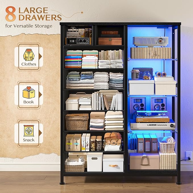 EnHomee Dresser for Bedroom with LED Lights & Power Outlets Tall Dresser with 8 Drawers Fabric Dressers & Chests of Drawers for Bedroom, Closet, Sturdy Metal Frame, Acrylic Plates (Charcoal Black)