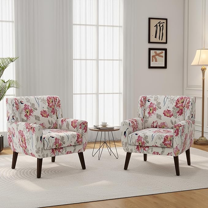 Accent Chair, Modern Linen Blend Arm Chair for Living Room, Bedroom, Comfy High-Resilient Sponge Reading Chair for Small Spaces (Pattern Pink Floral, Set of 1)