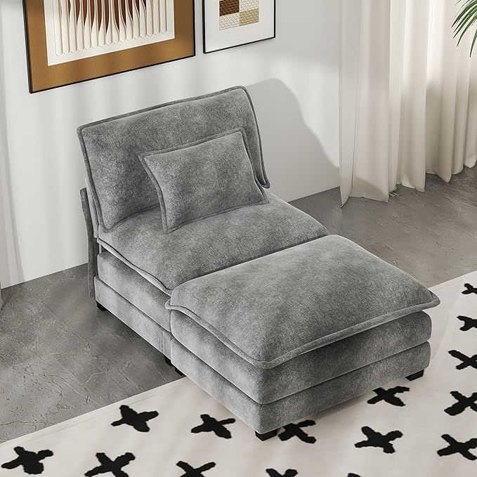 Real Relax 34.9'' Modular Sectional Sofa, Single Seat Without Armrest Chenille Convertible Couch with Movable Ottoman, 2 Pillows for Living Room, Office and Leisure Places, Dark Gray