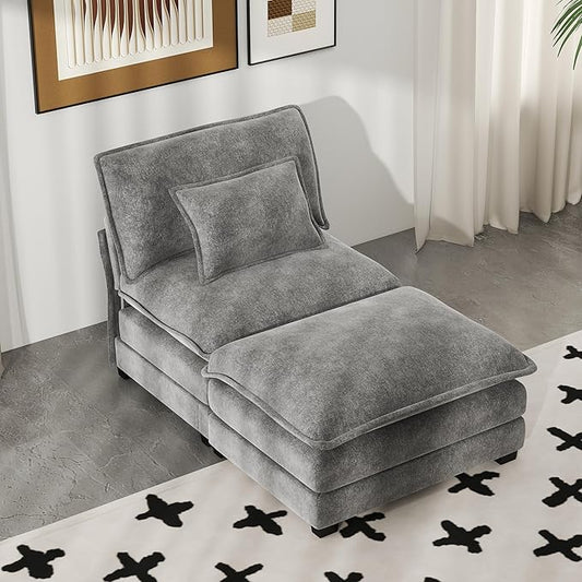 Real Relax 34.9'' Modular Sectional Sofa, Single Seat Without Armrest Chenille Convertible Couch with Movable Ottoman, 2 Pillows for Living Room, Office and Leisure Places, Dark Gray