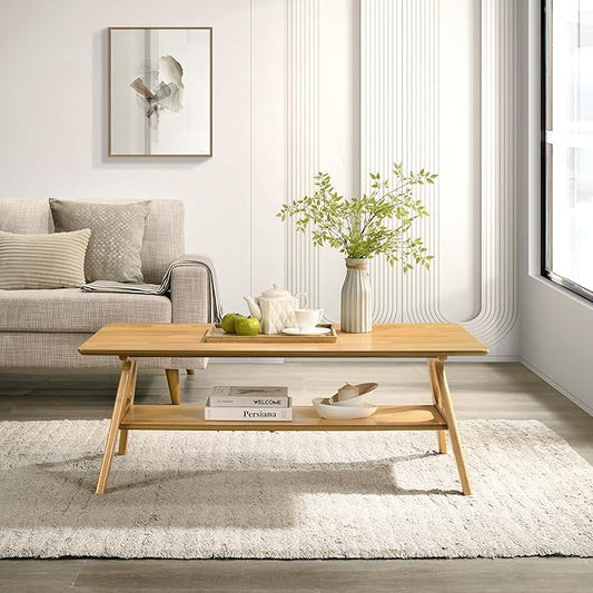 Roundhill Furniture Arona Mid-Century Modern Wood Shelf Coffee Table, Natural Oak Finish