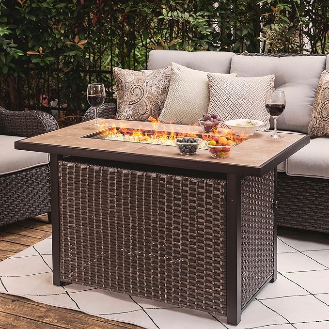 Nuu Garden Outdoor 43" 50,000 BTU Propane Gas Fire Pit Table, Ceramic Tabletop and Rattan Weaved Iron Frame, Water-Proof Oxford Cover, Glass Wind Guard, Glass Beads, Lid Included, Dark Brown & Coffee