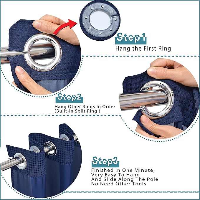 Conbo Mio No Hook Waffle Weave Shower Curtain with Snap in Liner Set, Hotel Luxury Navy Blue Shower Curtains for Bathroom with See Through Top Window, Waterproof, Washable 71W x 74H