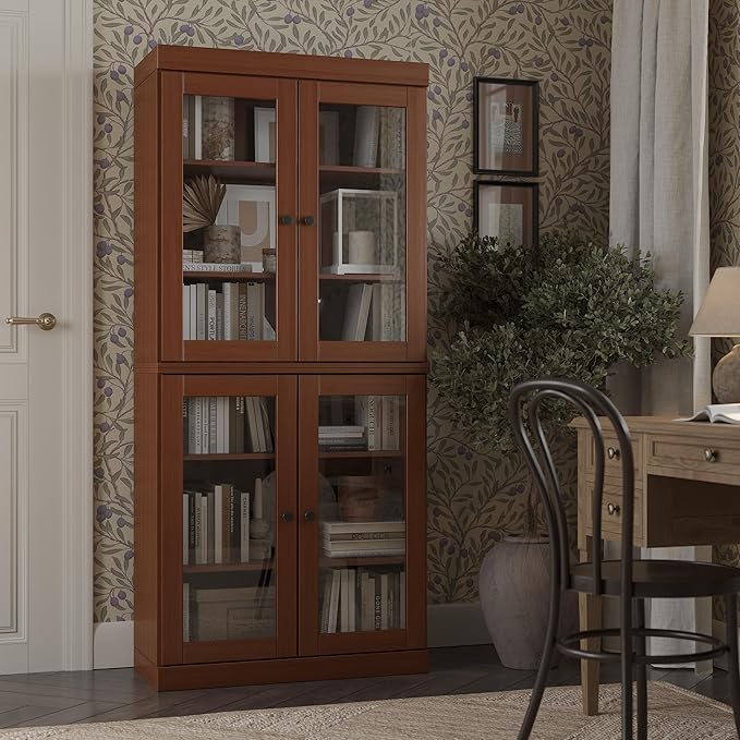 Palace Imports Solid Wood Bookcase - 6-Tier Tall Bookshelf, 71.5” H x 32” W - Mocha, Clear Glass Cabinet Doors & Adjustable Shelves for Living Room, 100% Renewable Eco-Friendly Wood, Made in Brazil