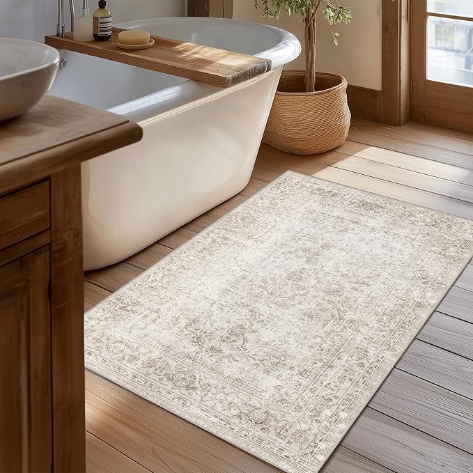 FMFUNCTEX Entryway Rug 2x3 Washable Beige Vintage Distressed Door Mat Non Slip Low Pile Indoor Carpet Soft Retro Floral Small Throw Area Rugs for Entry Way Entrance Bedroom Kitchen Bathroom Laundry