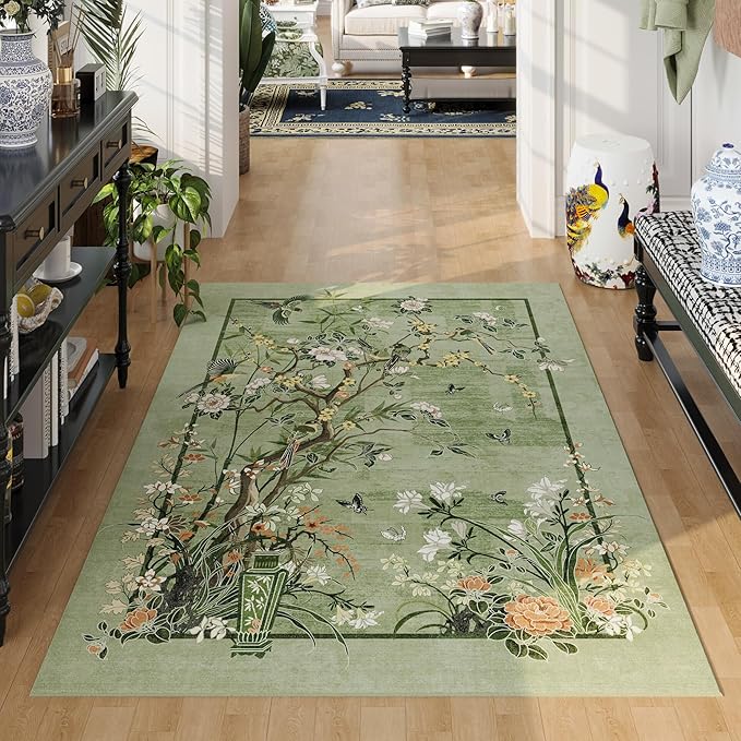 4x6 Rug Chinoiserie-Style Floral Vintage Washable Area Rugs Non Slip Low Pile Small Carpet for Bedroom, Bedside, Kids Room, Office, Dining Room, Green