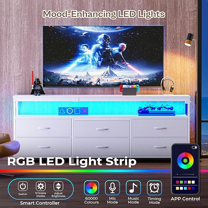 Huuger 63 Inch TV Stand for 55, 65, 70 Inch TV, Long Dresser TV Stand for Bedroom, White LED TV Stand with Power Outlets, Fabric Drawer Dresser with Storage, Entertainment Center for Living Room